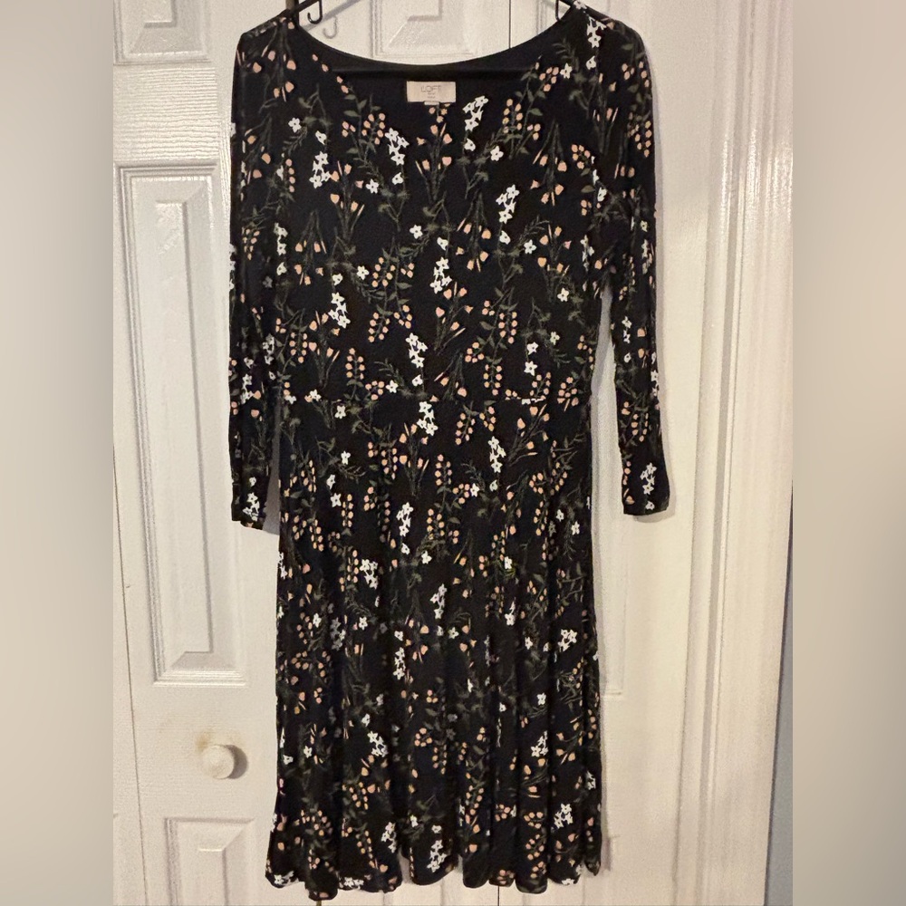 LOFT Black Floral Long Sleeve Dress